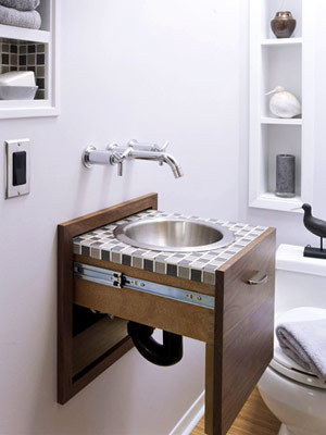 Lavabo rétractable, lavabo dans le mur, rangement lavabo, lavabo original, petite salle de bain